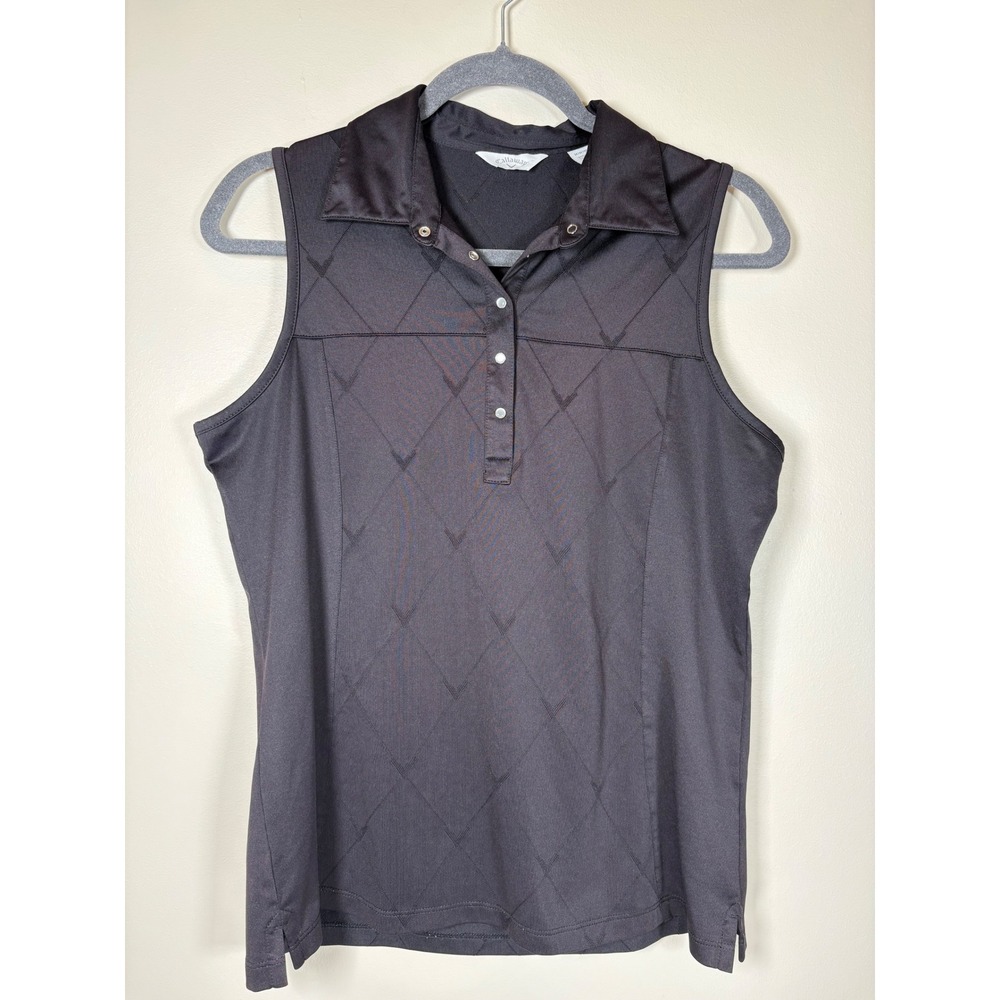 Callaway Womens Sleeveless Golf Polo Shirt Black Diamond Jacquard Size M Sporty